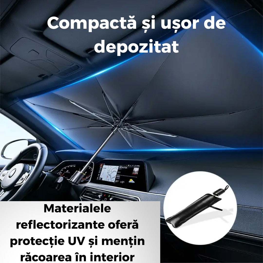 Parasolar Auto Pliabil, pentru Masina, in Forma de Umbrela, 120 cm x 60 cm, Rezistent UV, Negru-Argintiu