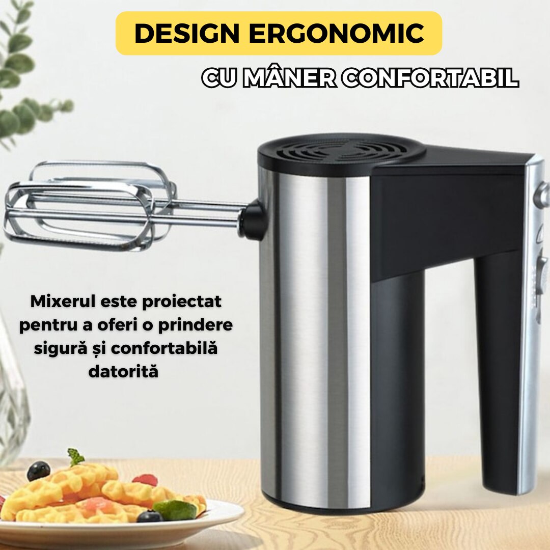 Mixer Electric 300W, 5 Trepte de Viteza, 4 Tije de Agitare, Tel Inox, Design Ergonomic, Argintiu