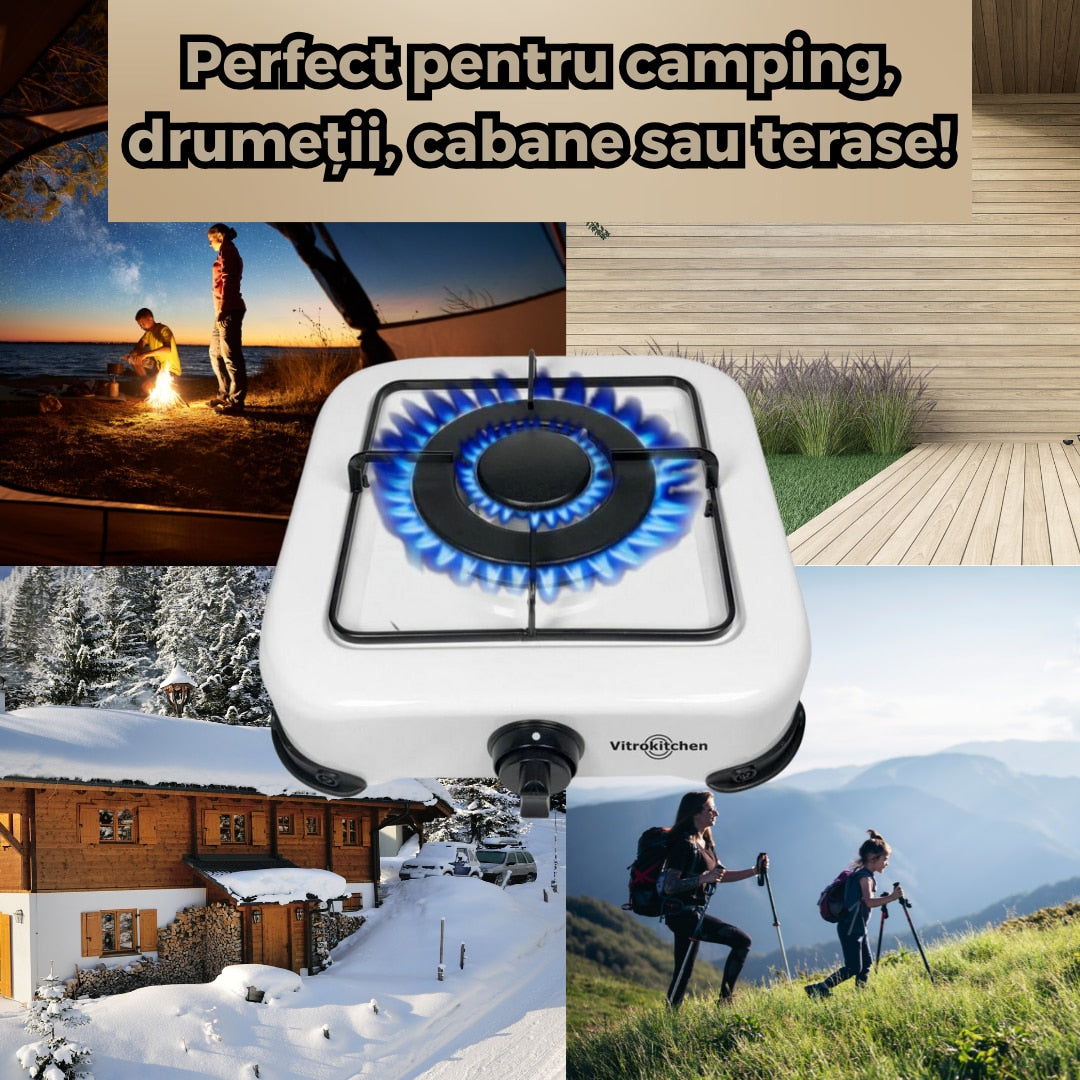 Aragaz portabil pe gaz cu un singur ochi, aprindere manuala si gratar metalic - ideal pentru camping, cabana si gatit in aer liber