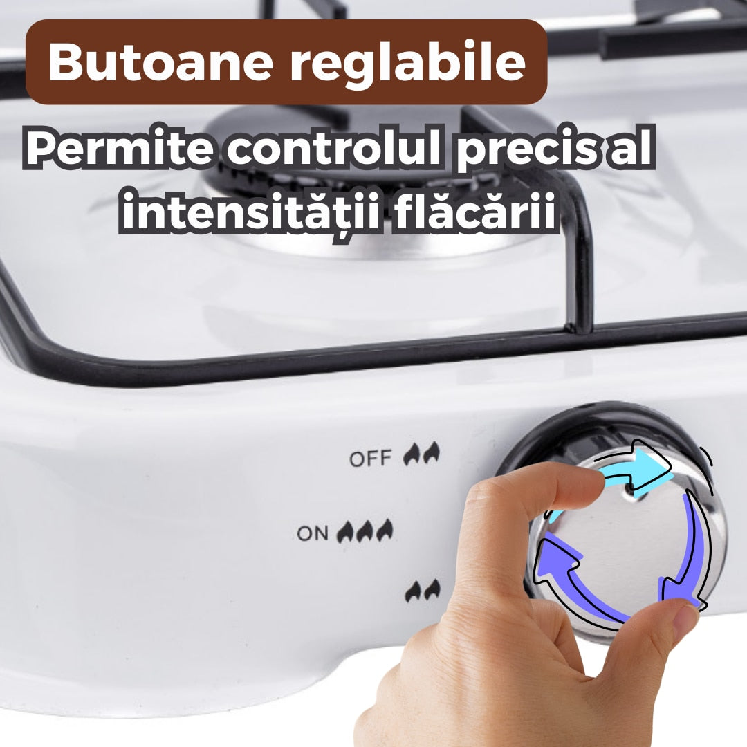 Aragaz portabil cu 2 ochiuri + kit conectare butelie (furtun, regulator, coliere)