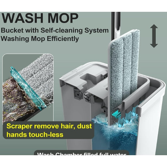 Set Galeata cu Storcator si Mop SUPER TRENDS®, 2 Cuve Pentru Spalare si Uscare Fara Atingere + 4 x Laveta Microfibra Reutilizabila, Gri