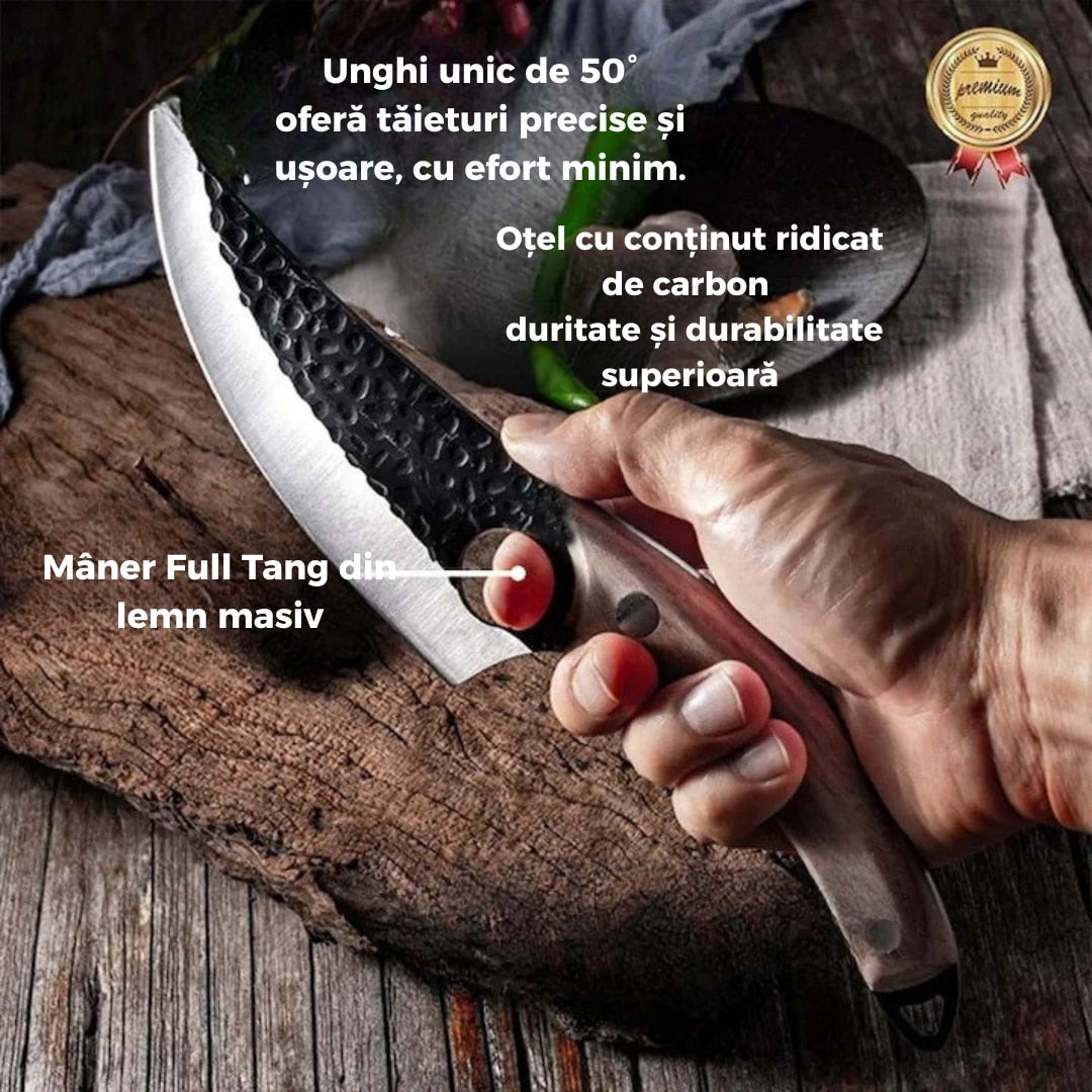 Cutit profesional outdoor cu maner din lemn si teaca din piele lama curbata din otel carbon, ideal pentru camping, vanatoare, bucatarie rustica
