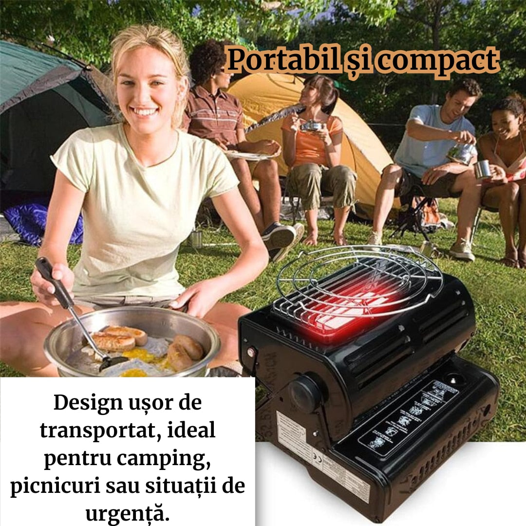 Incalzitor Portabil pe Gaz 2-in-1 cu Functie de Aragaz, Putere 1.5 kW, Aprindere Piezoelectrica, Compatibil cu Cartus Gaz Butan 220g, Ideal pentru Camping, Cort, Rulota, Pescuit, Negru