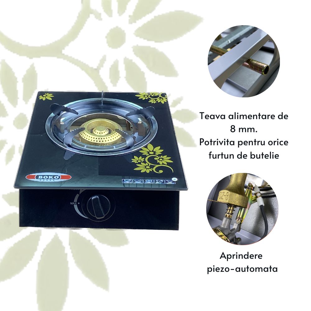 Set aragaz sticla un ochi cu aprindere pe quartz, 2 m de furtun gaz cu insertie, reductor cu cheie si 2 coliere