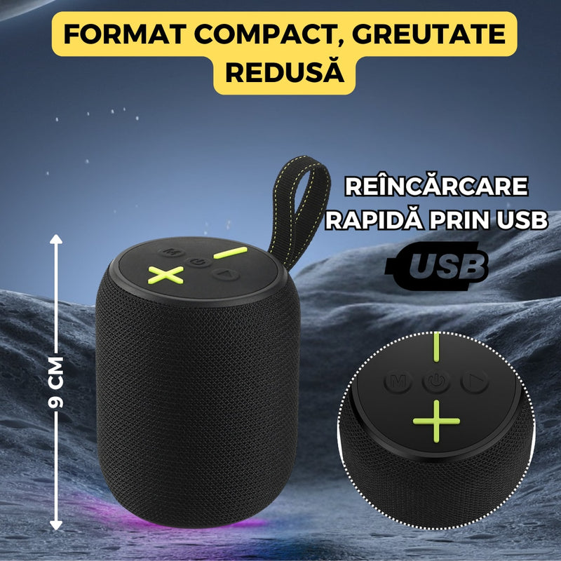 Boxa Portabila Bluetooth, 1200mAh, 5W, LED RGB, USB/FM/AUX, TWS, Hands-Free, 9 cm, negru