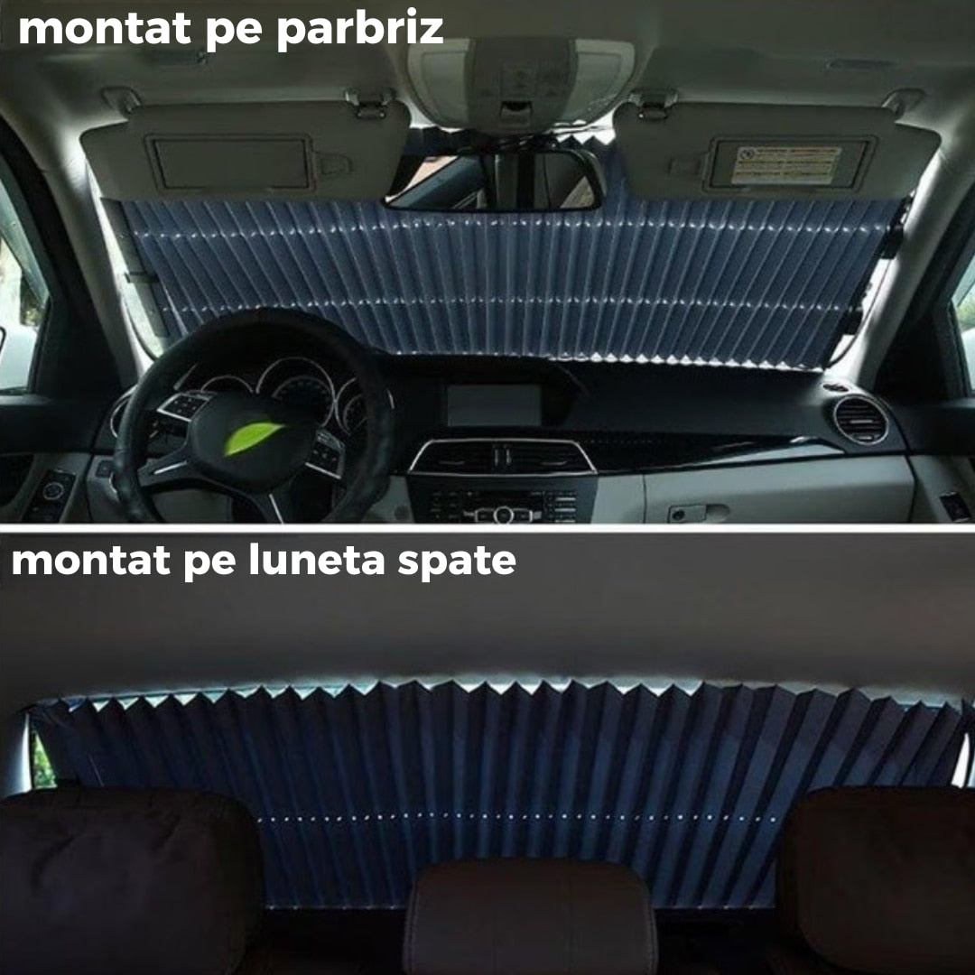 Parasolar auto retractabil tip acordeon protectie solara completa pentru parbriz, fixare rapida cu ventuze, dimensiune universala (65×150 cm)