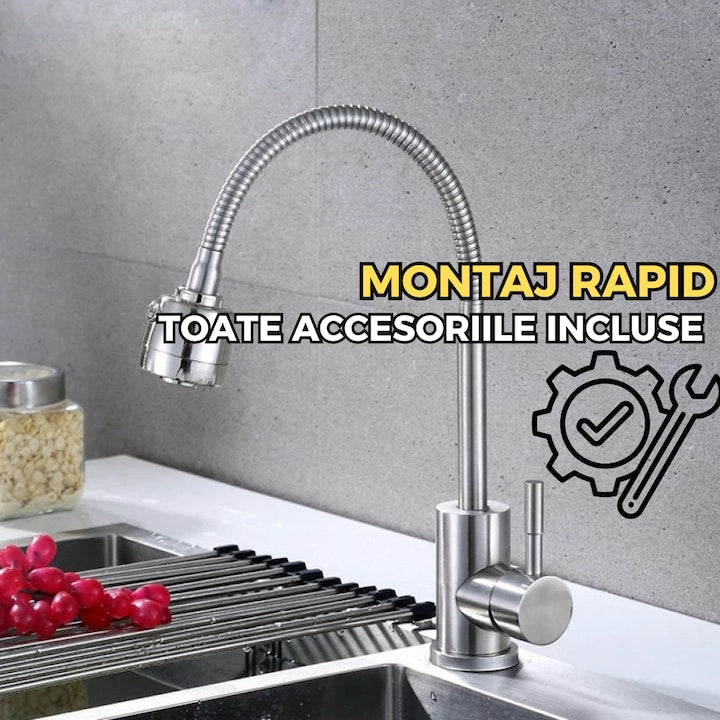 Baterie bucatarie ITALOMIX premium, pipa flexibila 360°, inox SUS304, finisaj satinat, jet reglabil, cartus ceramic, design modern si durabil,1250 g