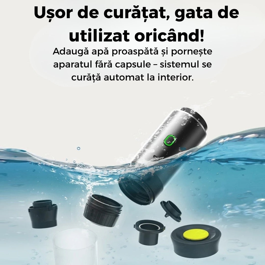Espressor portabil wireless compatibil capsule mici, mari si cafea macinata incalzire automata si extractie rapida, ideal pentru calatorii si birou