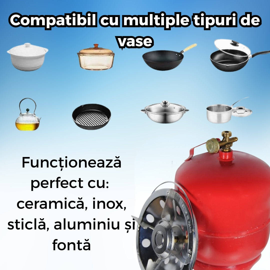 Butelie camping 5L cu arzator integrat solutie portabila cu alimentare GPL pentru gatit in aer liber, omologare