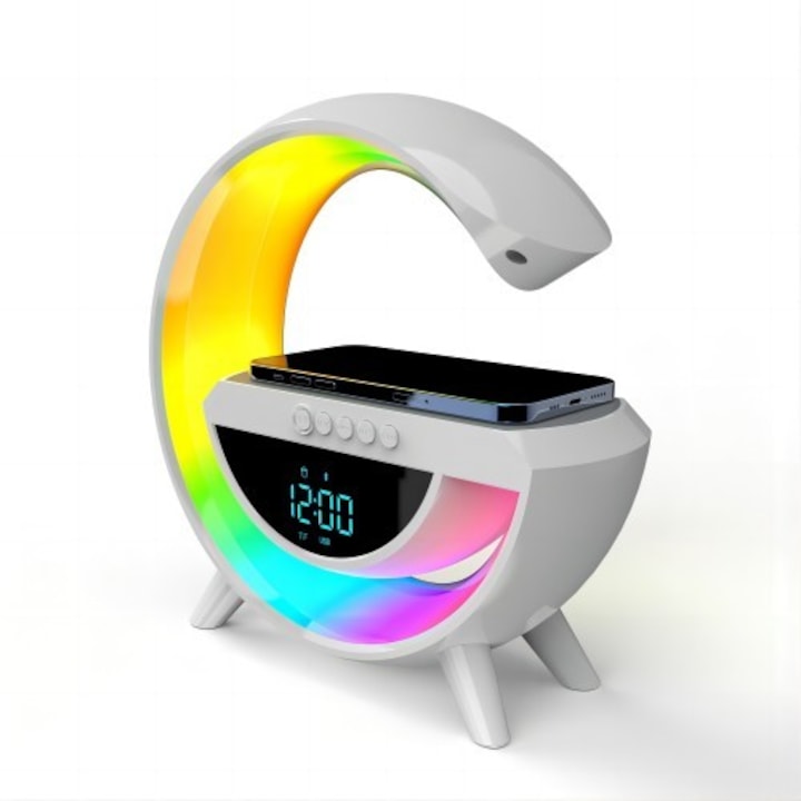 Lampa Smart LED si Incarcator Wireless 15W, Lumini Ambientale, Sincronizare muzicala, Difuzor 5W, Muzica Bluetooth, USB, FM Radio, MicroSD, AUX, Afisaj Ceas Digital, Alarma