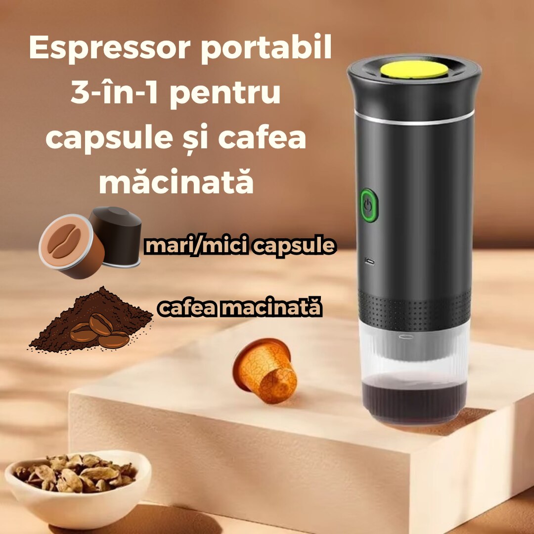 Espressor portabil wireless compatibil capsule mici, mari si cafea macinata incalzire automata si extractie rapida, ideal pentru calatorii si birou
