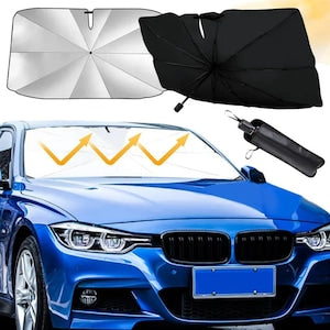 Parasolar Auto Pliabil, pentru Masina, in Forma de Umbrela, 120 cm x 60 cm, Rezistent UV, Negru-Argintiu
