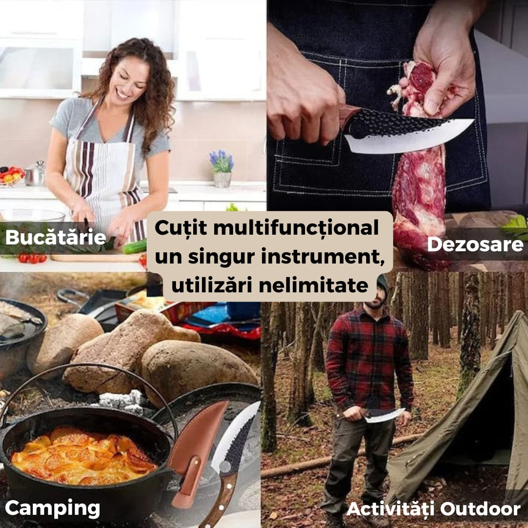 Cutit profesional outdoor cu maner din lemn si teaca din piele lama curbata din otel carbon, ideal pentru camping, vanatoare, bucatarie rustica