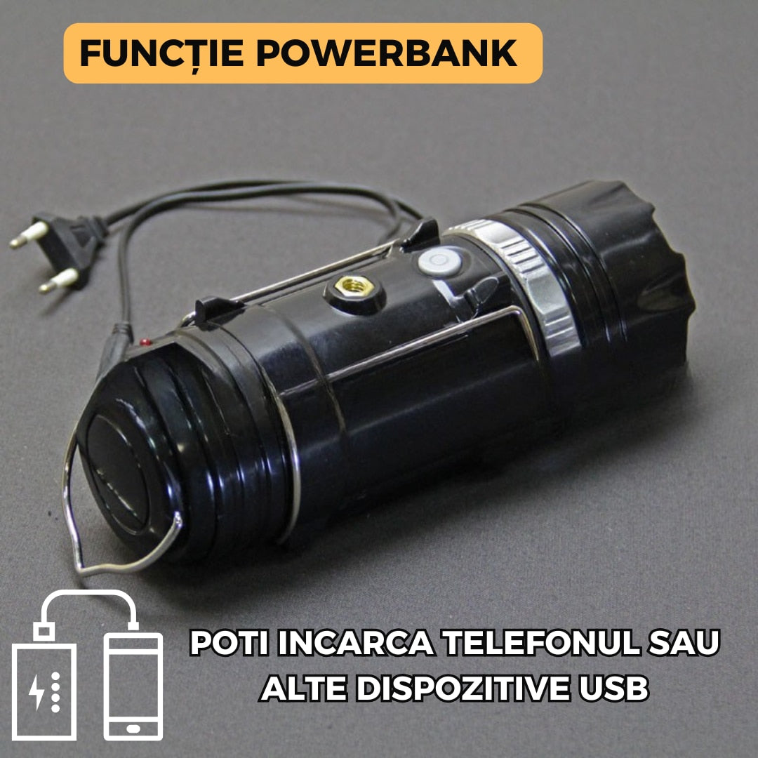 Lanterna de camping Stage Lamp 9688 cu panou solar, reincarcabila, 3 moduri de iluminare, 1600 mAh, lumina alba si calda, port USB