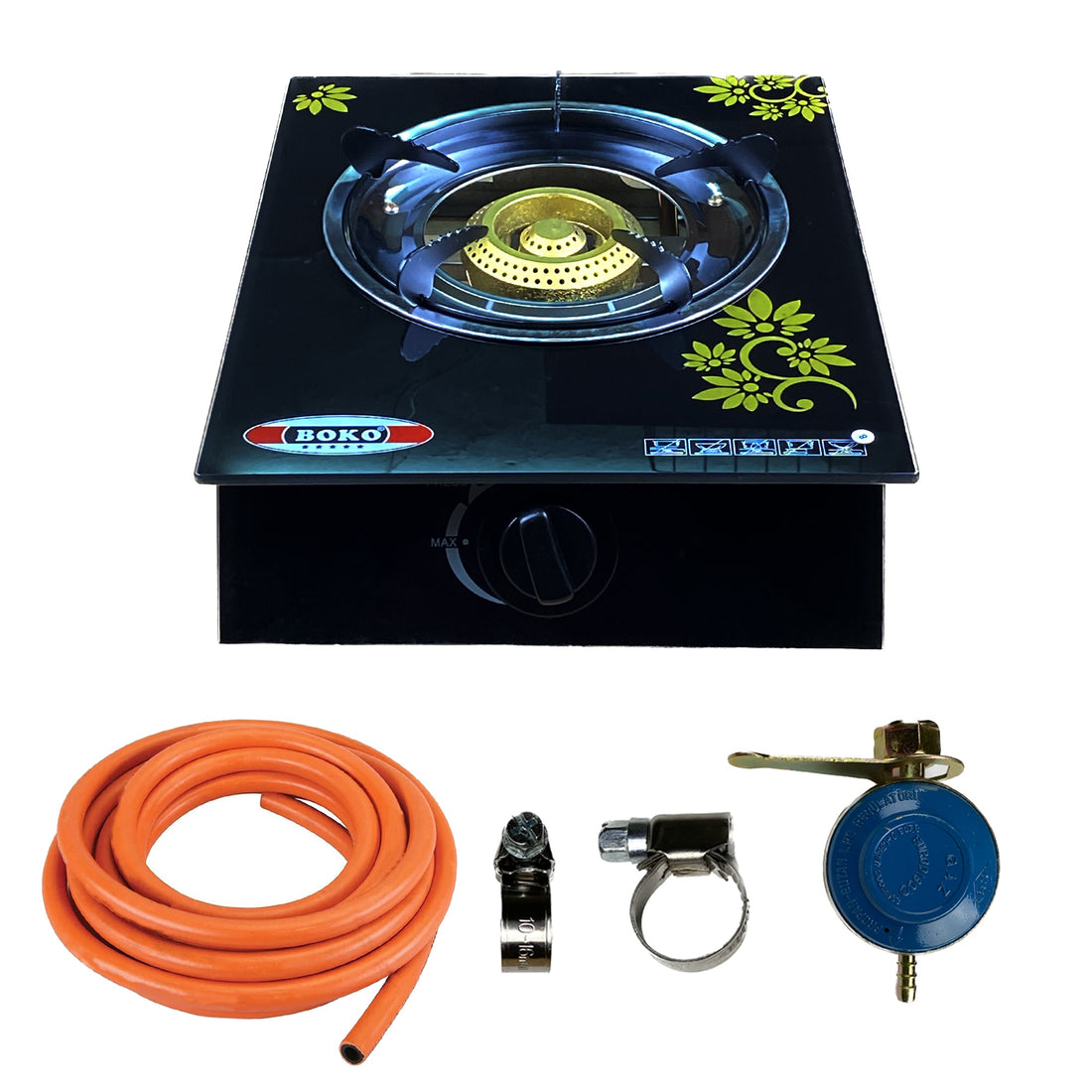 Set aragaz sticla un ochi cu aprindere pe quartz, 2 m de furtun gaz cu insertie, reductor cu cheie si 2 coliere