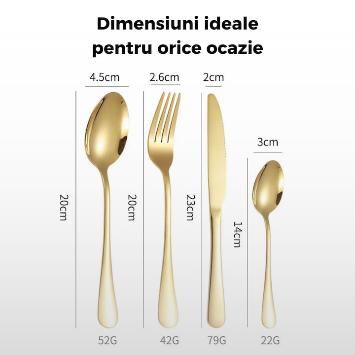 Set tacamuri aurii 24 piese din inox cu suport vertical si cutie eleganta finisaj mat, design modern pentru 6 persoane