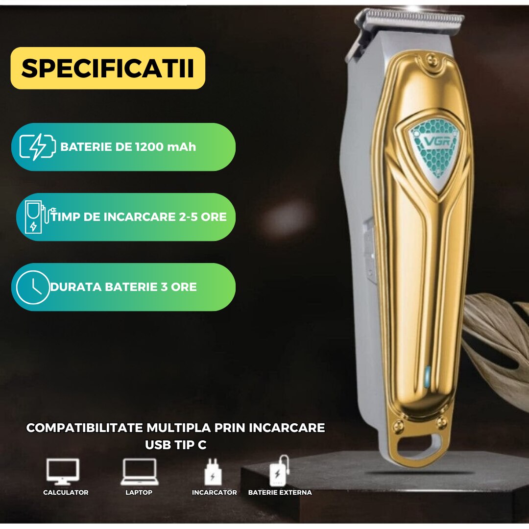 Aparat de tuns profesional VG 911 fara fir, motor puternic, 4 piepteni, lame inox, autonomie 3h, auriu premium