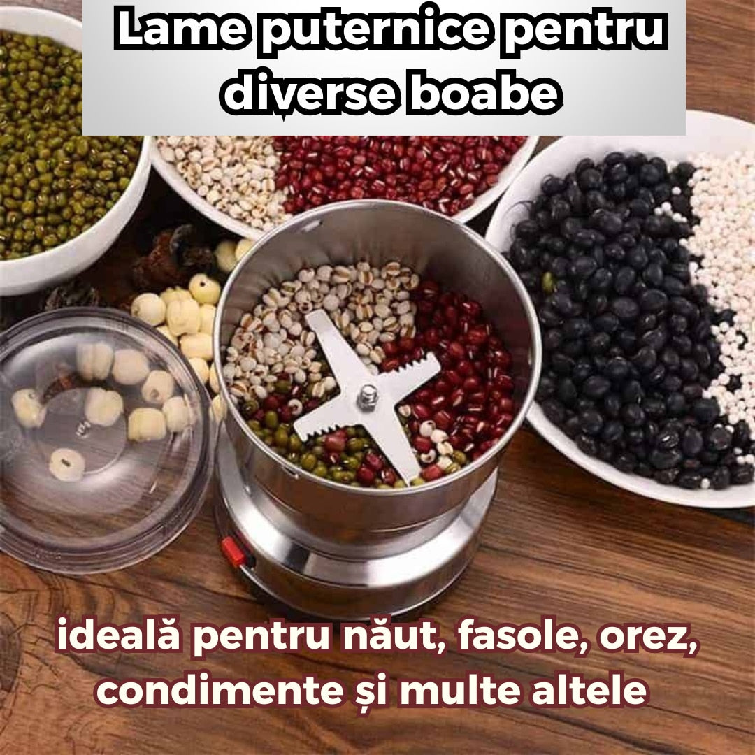 Rasnita electrica din inox 150W pentru cafea boabe, condimente si cereale cu lame ascutite si recipient 100 ml, usor de curatat
