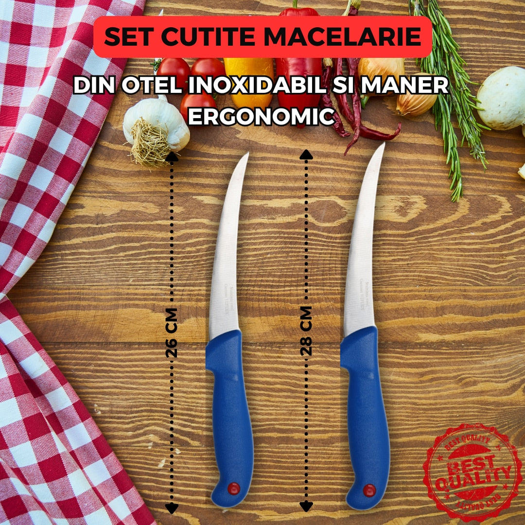 Set Profesional de 3 Cutite de Macelarie din Otel Inoxidabil cu Dispozitiv de Ascutire Inclus, maner ergonomic, filetat, dezosat