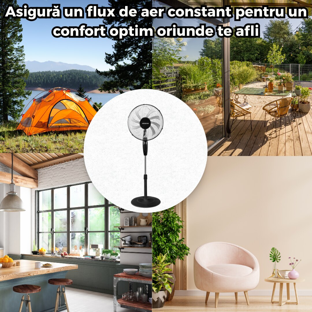 Ventilator Vertical cu Inaltime Reglabila 3 Trepte de Viteza, Design Modern, Silentios, Negru