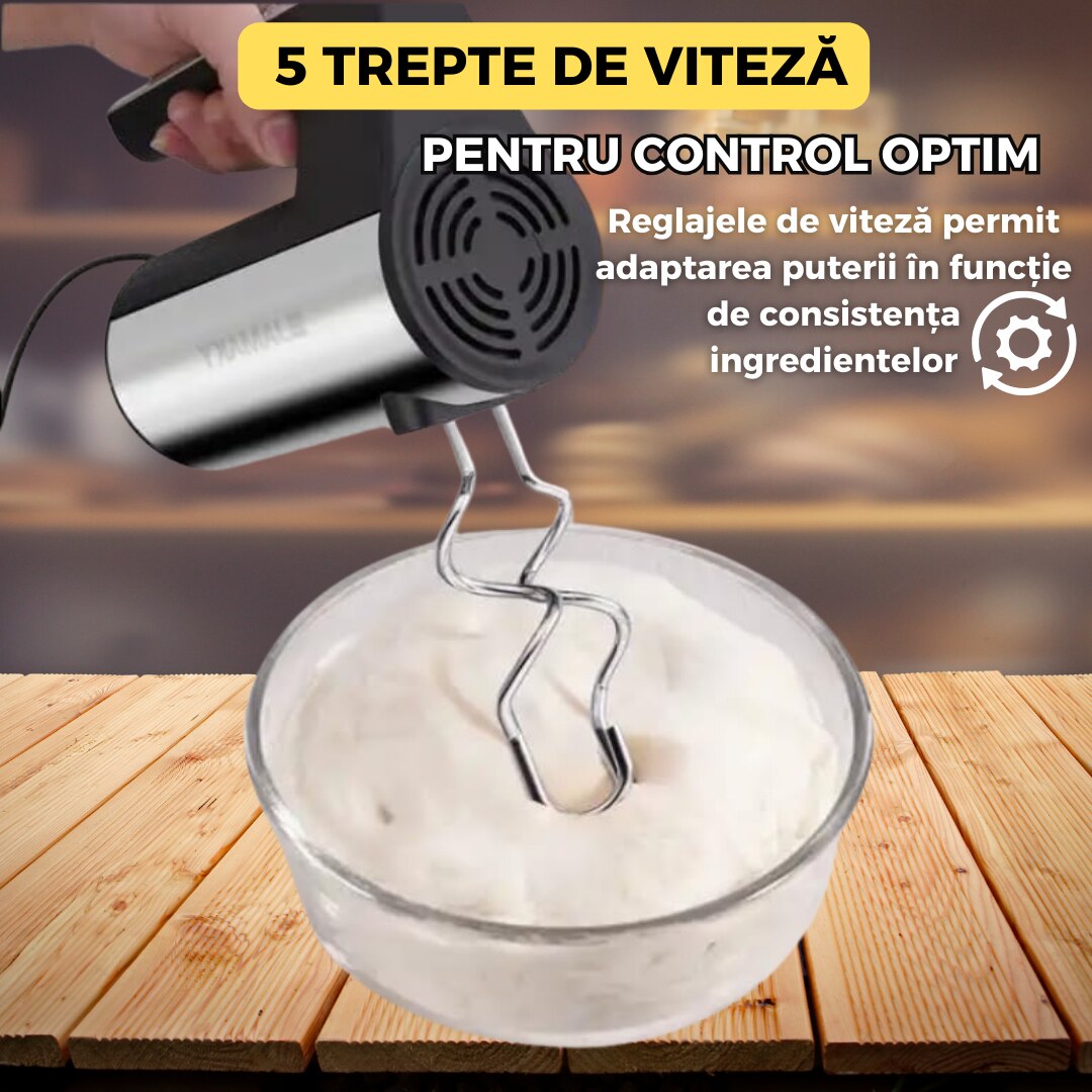 Mixer Electric 300W, 5 Trepte de Viteza, 4 Tije de Agitare, Tel Inox, Design Ergonomic, Argintiu
