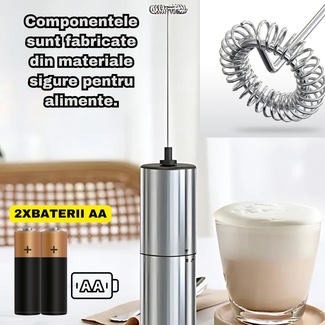 Spumator de Lapte, 14000 rpm, Mixer Inox pentru Cafea, Latte, Matcha, Multifunctional, Alimentare pe Baterii