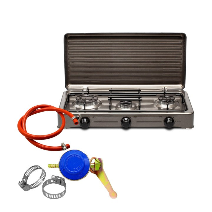 Aragaz Portabil cu 3 Ochiuri pe Gaz, Carcasa INOX si Capac, Set Complet cu Furtun, Regulator Presiune si Coliere, Ideal pentru Camping, Curte sau Bucatarie. Gri