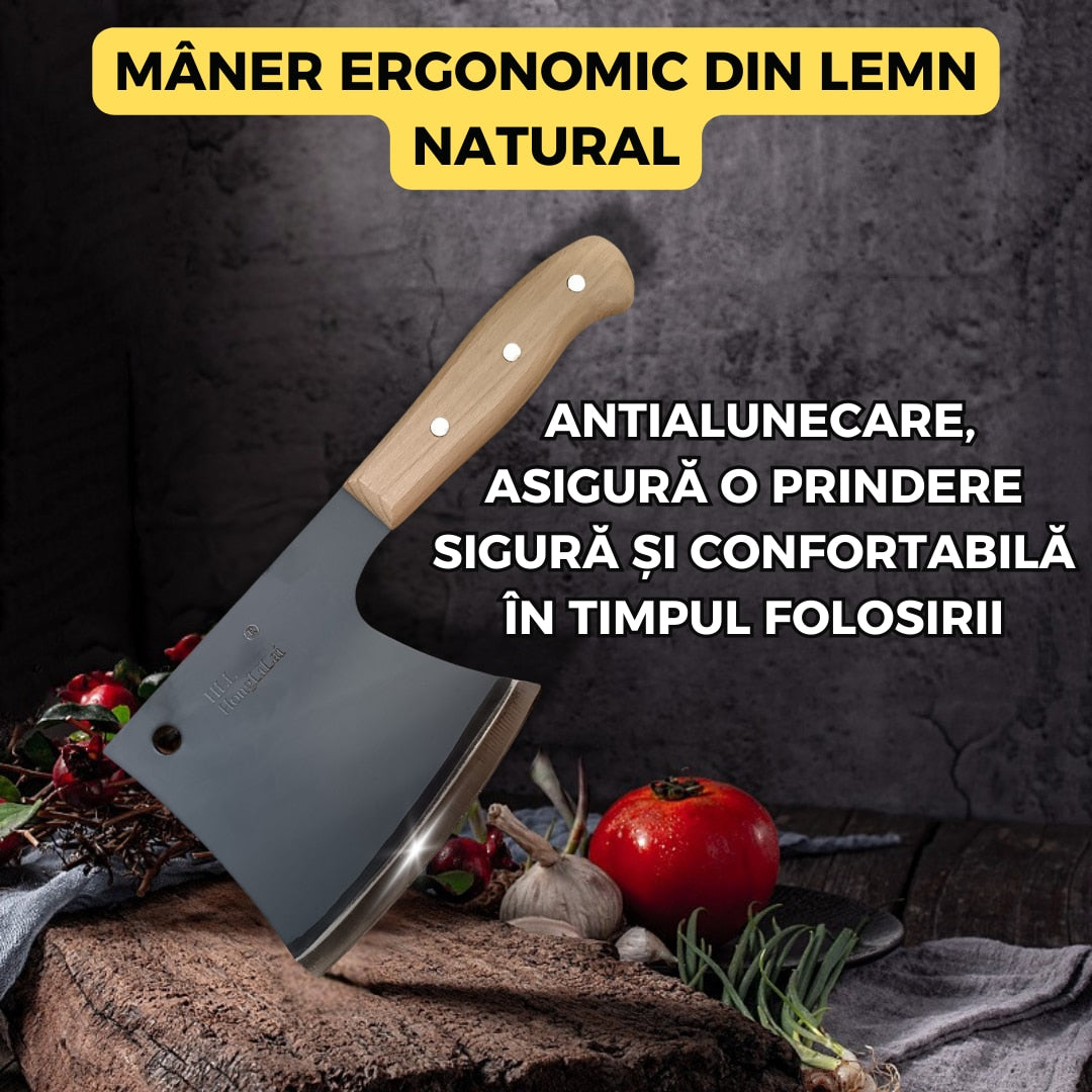 Satar Bucatarie Profesional, 30 cm, Otel Inoxidabil Groasa 3 mm, Maner Lemn Ergonomic, Ideal pentru Taiat si Spart Oase