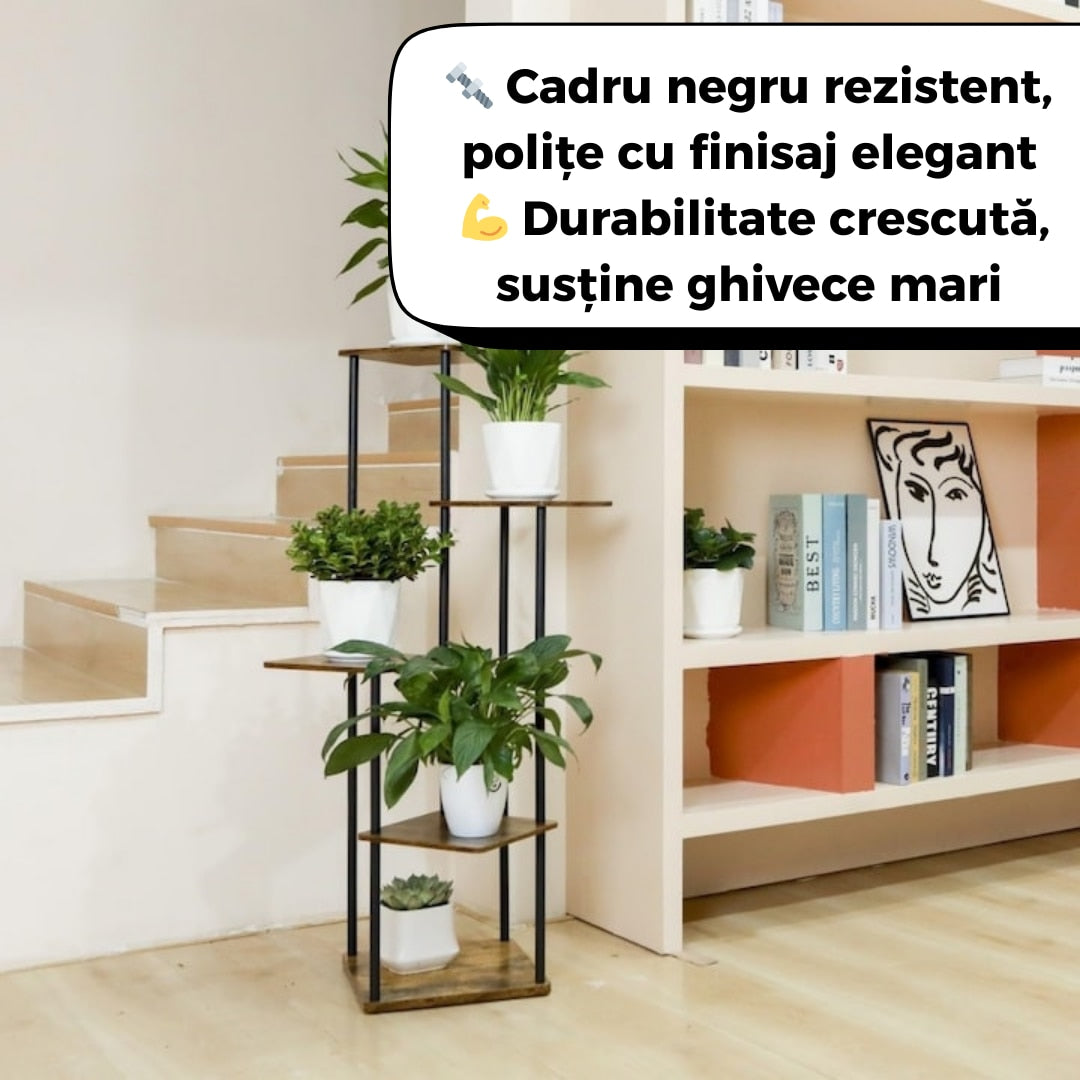 Etajera verticala pentru plante, 5 rafturi, structura metalica si rafturi din lemn