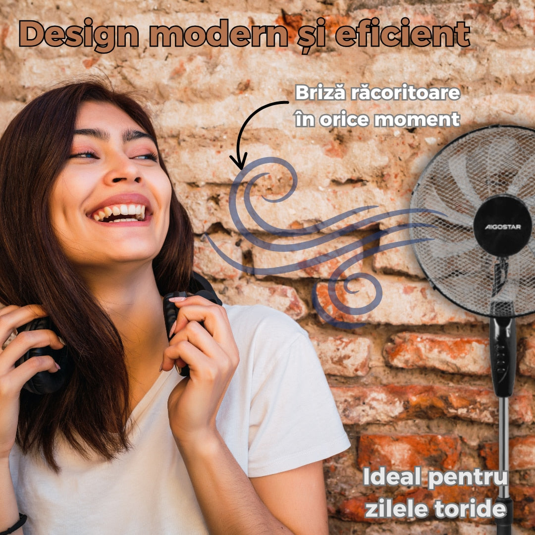 Ventilator Vertical cu Inaltime Reglabila 3 Trepte de Viteza, Design Modern, Silentios, Negru