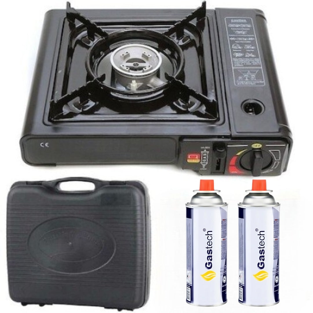 Aragaz Portabil Camping cu Valiza si 2 Cartuse Gaz Butan Gastech, Un Ochi, Aprindere Piezoelectrica, Putere 2.2 kW, Ideal pentru Drumetii, Gratar, Pescuit, Outdoor