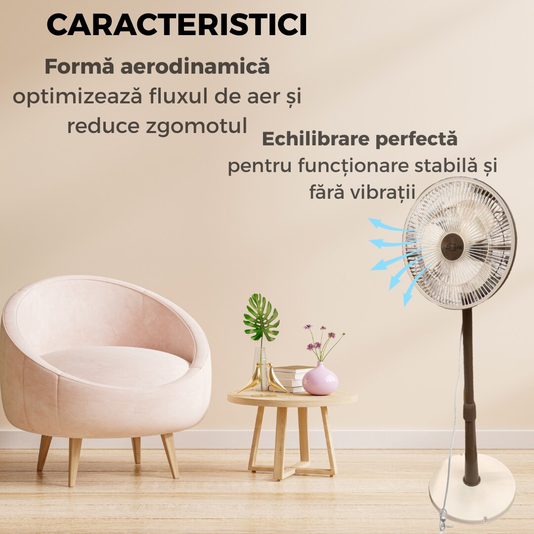 Ventilator de Podea cu Inaltime Reglabila Silentios, Design Modern, Ideal pentru Dormitor sau Living, maro-crem