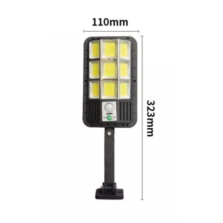 Lampa solara stradala 30w, 150 led, senzor de miscare si lumina, telecomanda, 3 moduri iluminare, ip65, brat, accesorii incluse