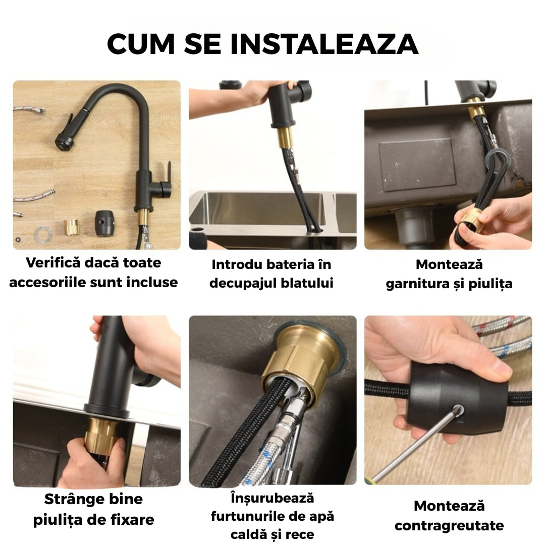 Baterie de Bucatarie cu Dus Extractibil, Finisaj Negru Mat, Rotire 360° si Design Modern Arcuit