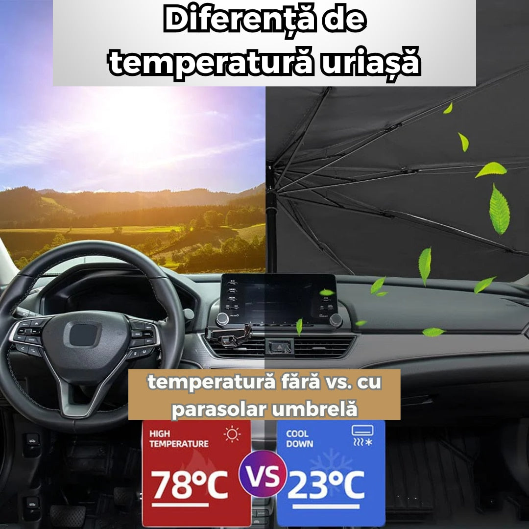 Parasolar Auto Pliabil, pentru Masina, in Forma de Umbrela, 120 cm x 60 cm, Rezistent UV, Negru-Argintiu