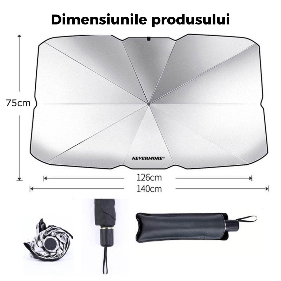 Parasolar Auto Pliabil, pentru Masina, in Forma de Umbrela, 120 cm x 60 cm, Rezistent UV, Negru-Argintiu