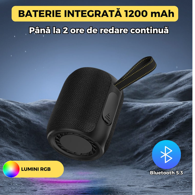 Boxa Portabila Bluetooth, 1200mAh, 5W, LED RGB, USB/FM/AUX, TWS, Hands-Free, 9 cm, negru