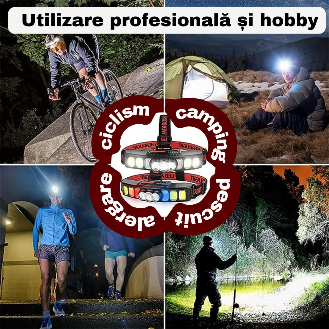 Lanterna Frontala LED Reincarcabila, 6 Moduri, 18000 Lumeni, Lumina Rosie, USB, Ideala pentru Camping, Drumetii, Pescuit
