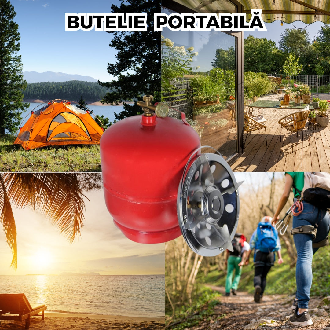 Butelie camping 5L cu arzator integrat solutie portabila cu alimentare GPL pentru gatit in aer liber, omologare