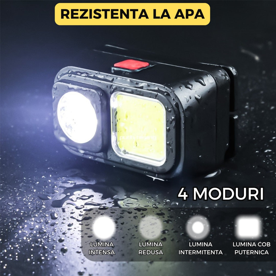 Lanterna de Cap LED + COB, Model D212, Reincarcabila USB, 7 Moduri, Acumulator 14500 Inclus, Luminozitate Ridicata