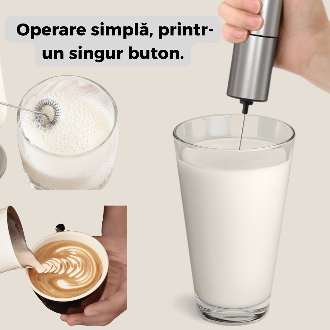 Spumator de Lapte, 14000 rpm, Mixer Inox pentru Cafea, Latte, Matcha, Multifunctional, Alimentare pe Baterii