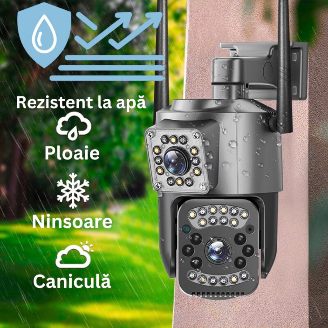 Camera Supraveghere WiFi Exterior 2 in 1 Viziune Duala, Full HD, Rezistenta la Apa, Compatibila Android/iOS