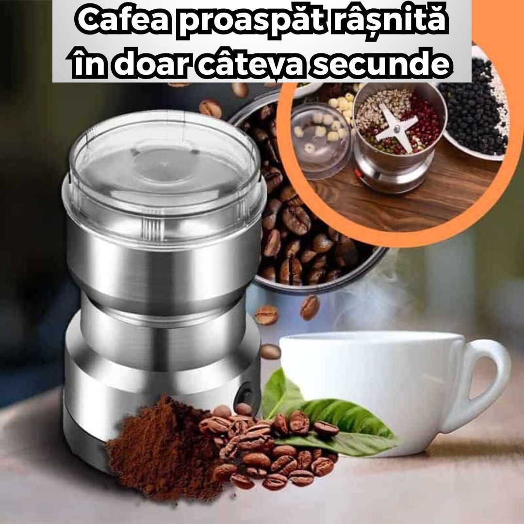 Rasnita electrica din inox 150W pentru cafea boabe, condimente si cereale cu lame ascutite si recipient 100 ml, usor de curatat