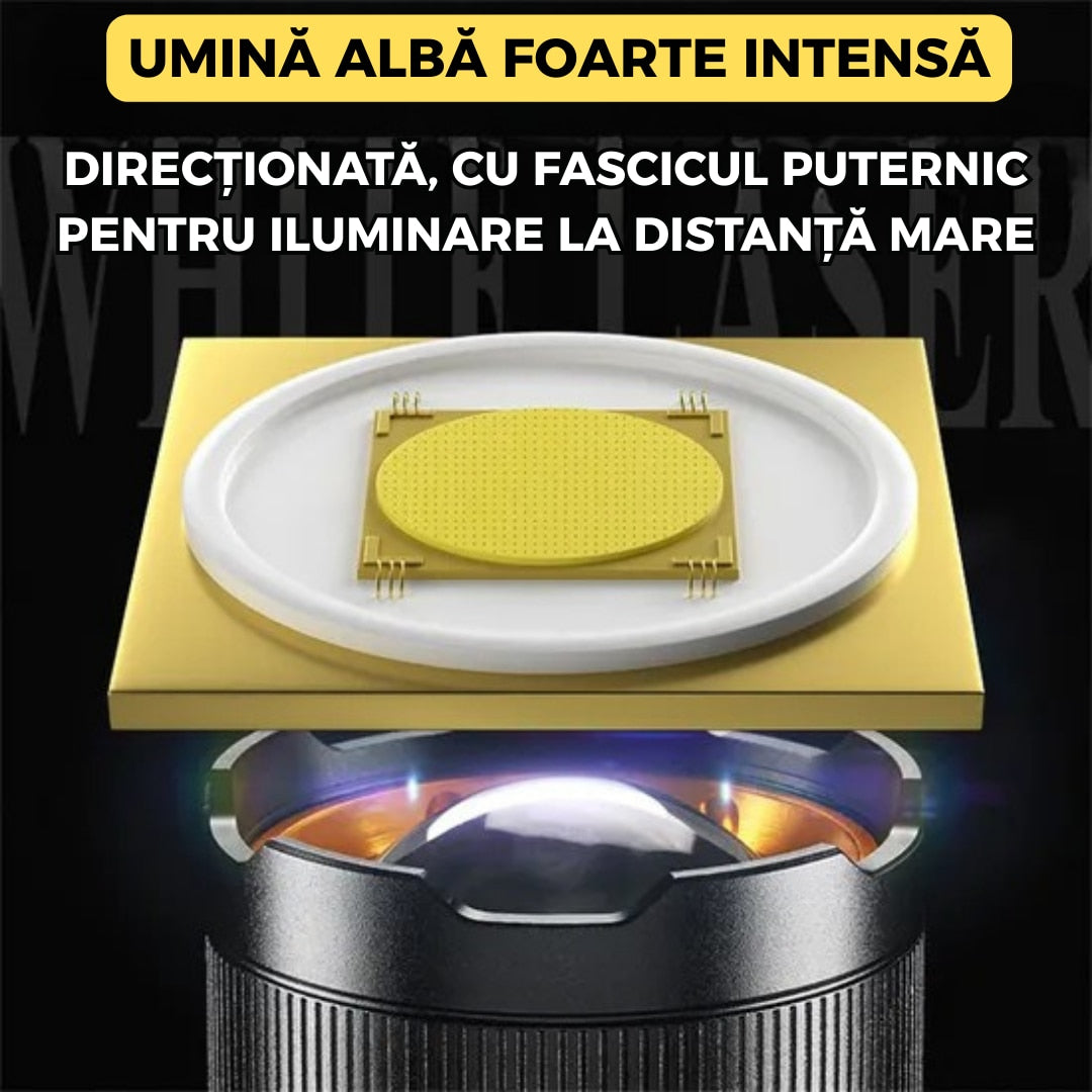 Lanterna LED profesionala, 300W, 7 moduri de iluminare, zoom telescopic, acumulator, incarcare USB, IP65