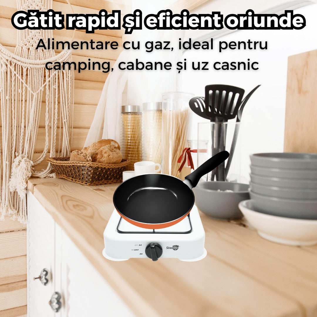 Aragaz portabil pe gaz cu un singur ochi, aprindere manuala si gratar metalic - ideal pentru camping, cabana si gatit in aer liber