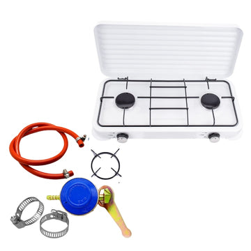 Aragaz portabil cu 2 ochiuri + kit conectare butelie (furtun, regulator, coliere)