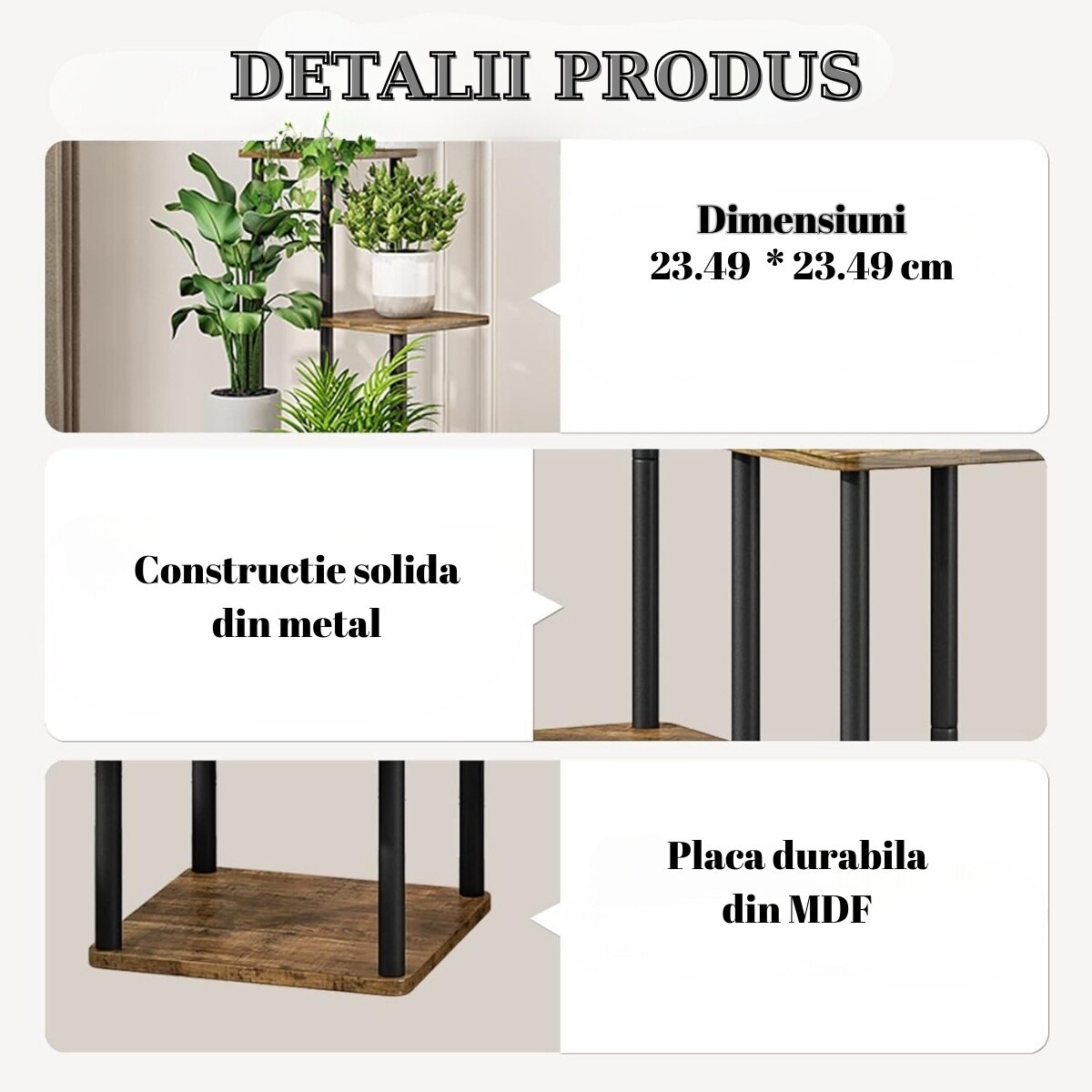 Suport Metalic inalt pentru Plante cu 4 Niveluri, Raft Retro din Lemn pentru Plante Interne, potrivit in Living, Terasa, Gradina si Birou, Inaltime 106.30 cm