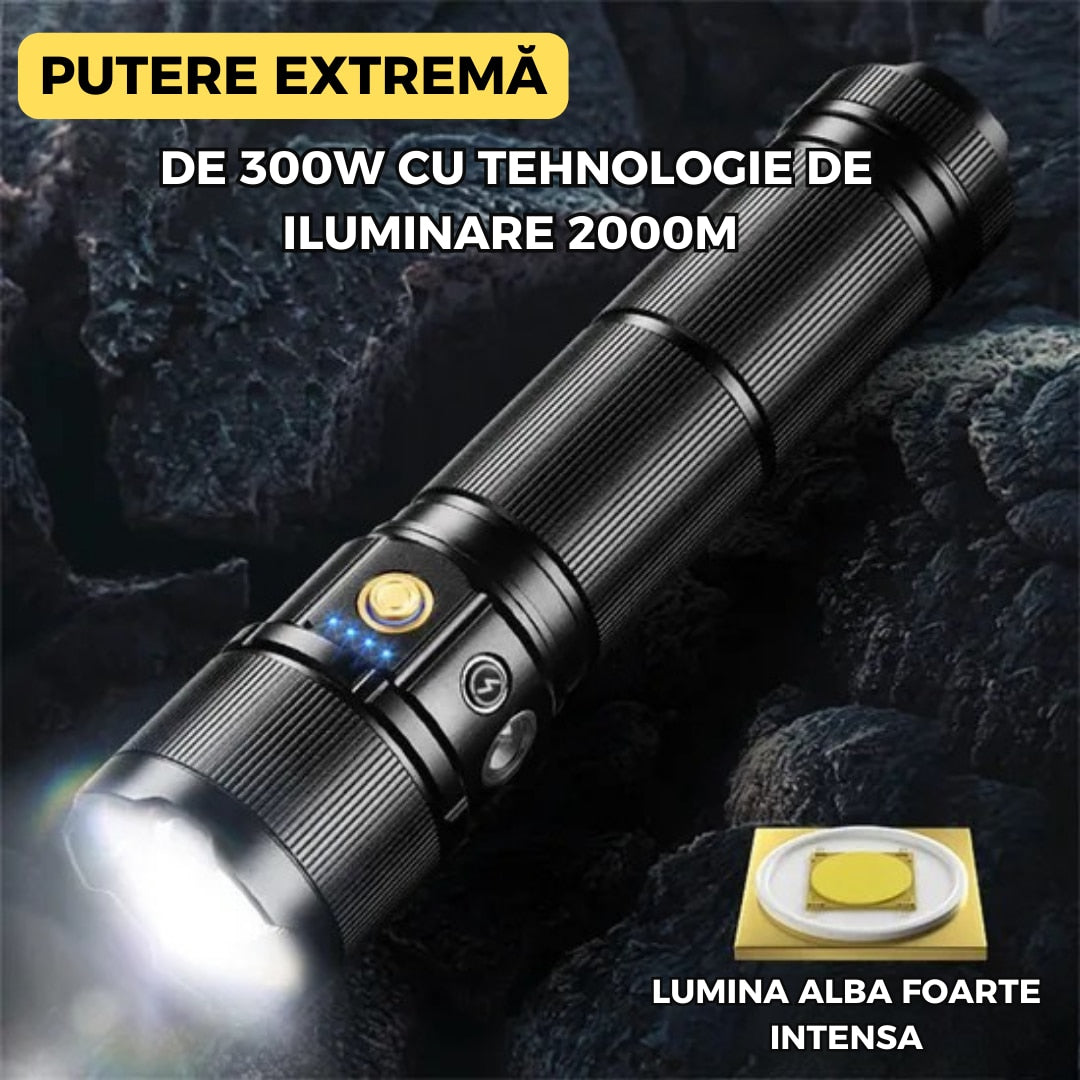 Lanterna LED profesionala, 300W, 7 moduri de iluminare, zoom telescopic, acumulator, incarcare USB, IP65