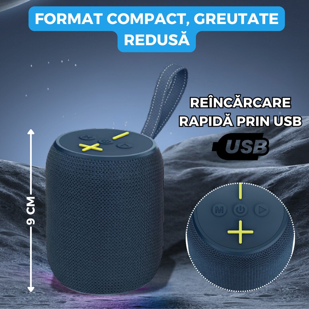 Boxa Portabila Bluetooth, 1200mAh, 5W, LED RGB, USB/FM/AUX, TWS, Hands-Free, 9 cm, albastru