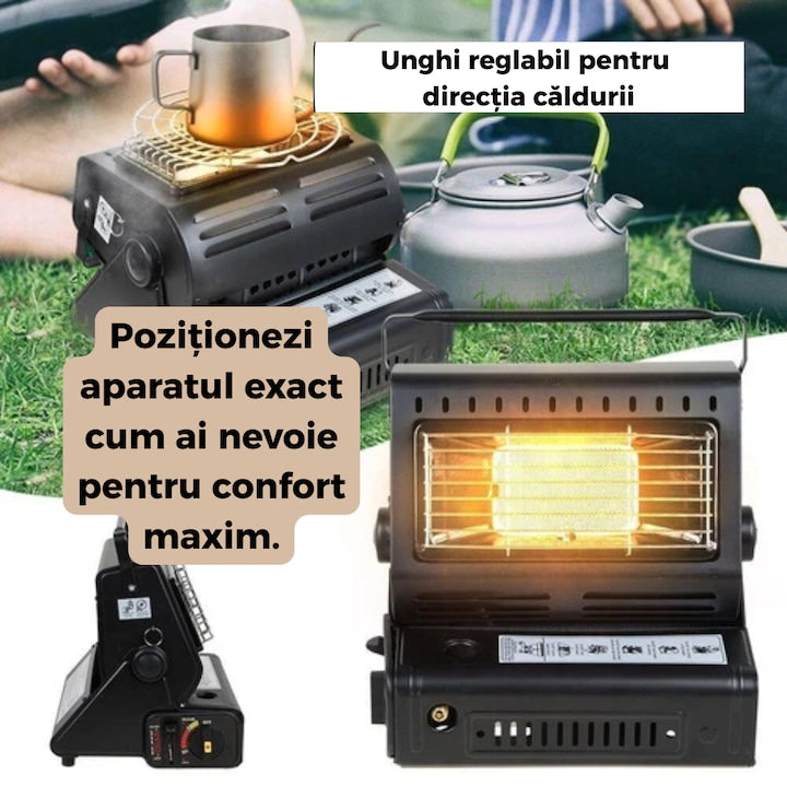 Incalzitor Portabil pe Gaz 2-in-1 cu Functie de Aragaz, Putere 1.5 kW, Aprindere Piezoelectrica, Compatibil cu Cartus Gaz Butan 220g, Ideal pentru Camping, Cort, Rulota, Pescuit, Negru